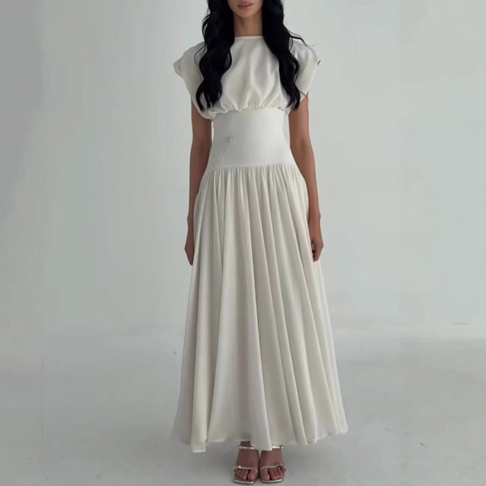 Elegant O-neck Sleeveless Slim Banquet Dress Summer New Chiffon Long Dress for Women Temperament Simple Mesh Pleat Evening Dress