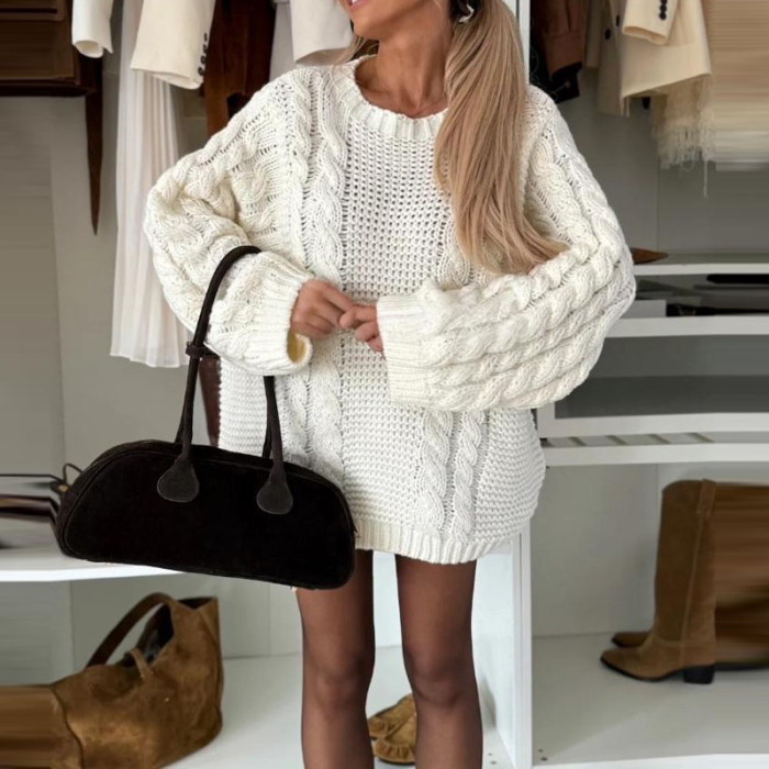 Autumn Fashion Round Neck Pullover Jumper Women's Casual Long Sleeve Loose Knitted Tops Winter Elegant Hollow Out Solid Sweater