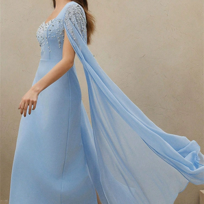 Elegant V-neck Chiffon Evening Dress Women Fashion Beaded Rhinestones Slim Long Dress Sexy Split Long Sleeve Solid Party Dress