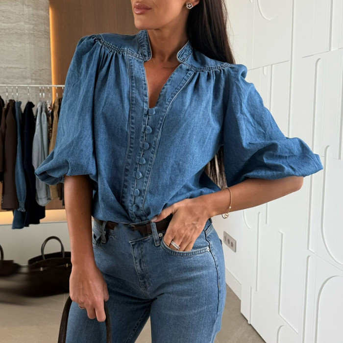 Elegant V-neck Loose Women's Denim Blouse Fashion Simple Commute Top for Women Casual Single Breasted Lantern Long Sleeve Shirts
