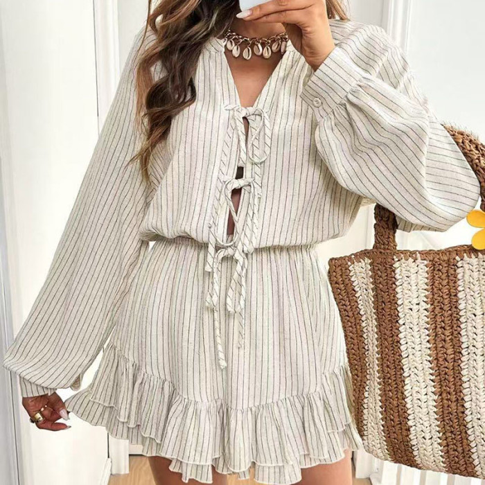 Elegant Lady Simple Loose Commute Mini Dress Leisure Stripe Printed Linen Short Dress Autumn New Long Sleeve V-neck Tie Up Dress