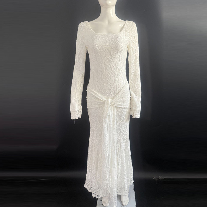 Sexy U Collar Lace Fishtail Backless Dress Elegant Solid Color Slim Evening Party Dress Temperament Long Sleeve Lace Up Dresses