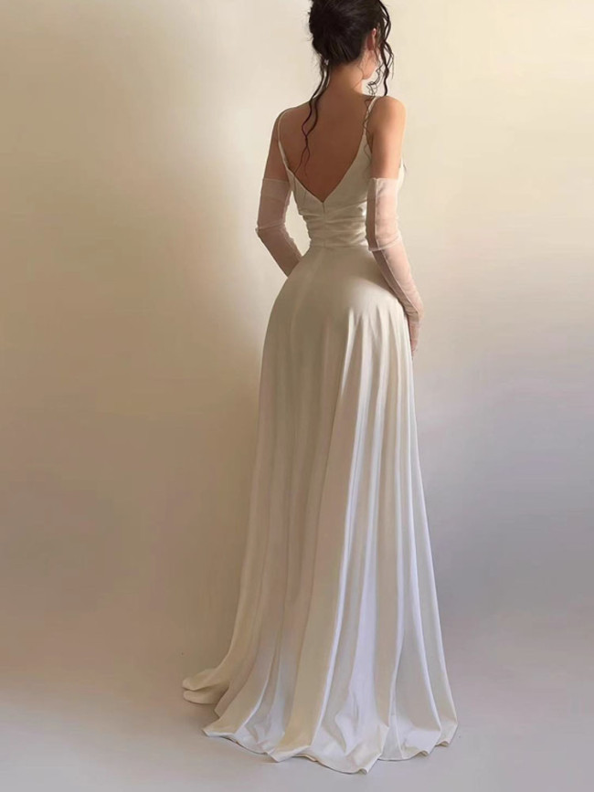 Summer Fashion Hight Waist Solid Long Dress Women Sexy Sleeveless Backless Gowns Dress Elegant Deep V-neck Split Suspender Dress