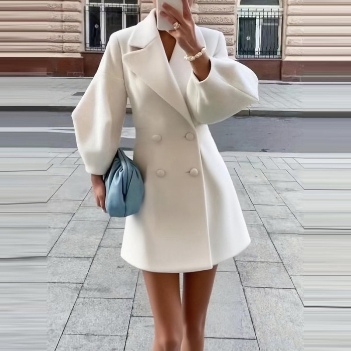 Autumn Winter Fashion Lapel Collar Women's Coats Elegant Wram Button Commute Short Jacket Casual Lantern Sleeve Solid Overcoat