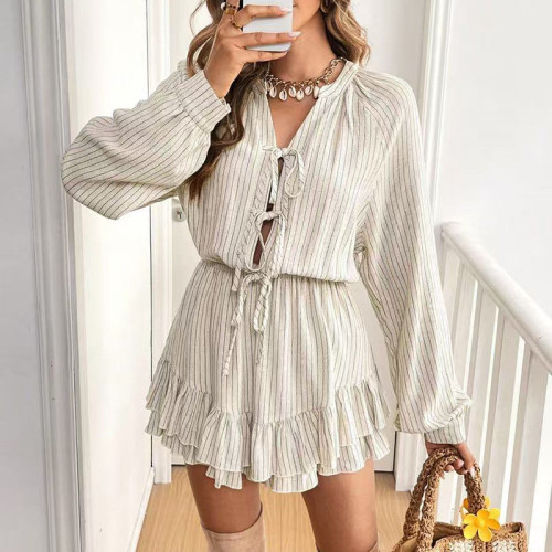 Elegant Lady Simple Loose Commute Mini Dress Leisure Stripe Printed Linen Short Dress Autumn New Long Sleeve V-neck Tie Up Dress