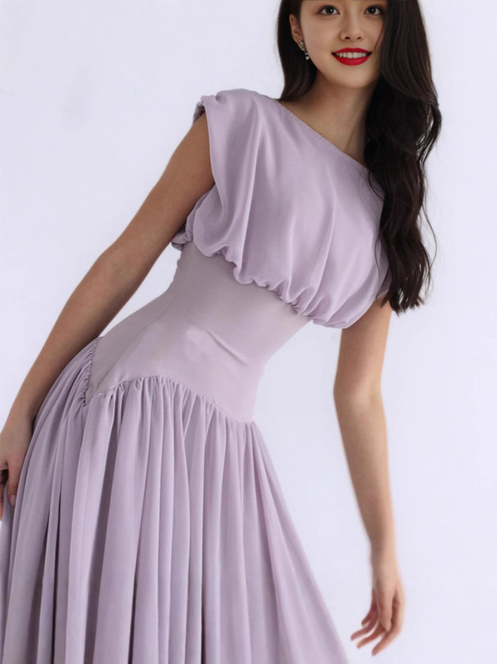 Elegant O-neck Sleeveless Slim Banquet Dress Summer New Chiffon Long Dress for Women Temperament Simple Mesh Pleat Evening Dress