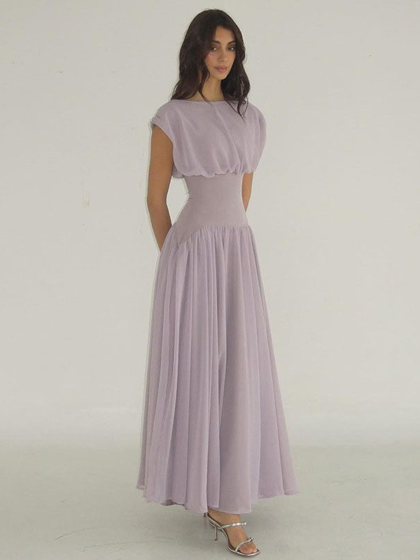 Elegant O-neck Sleeveless Slim Banquet Dress Summer New Chiffon Long Dress for Women Temperament Simple Mesh Pleat Evening Dress