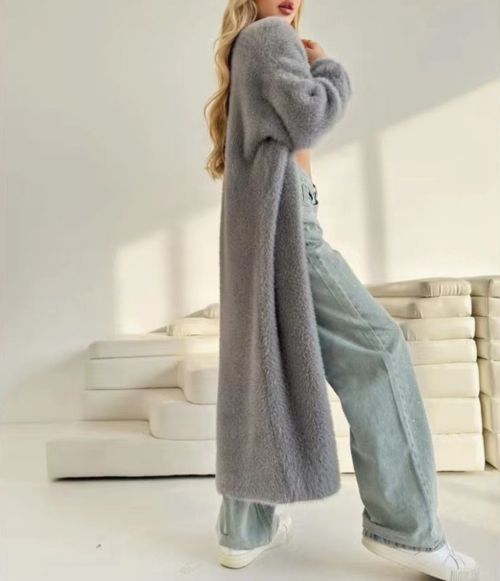 Trendy Simple Lady Long Knitted Coat Leisure V-neck Long Sleeve Fur Cardigans Fall Winter New Lady Solid Color Commute Outerwear