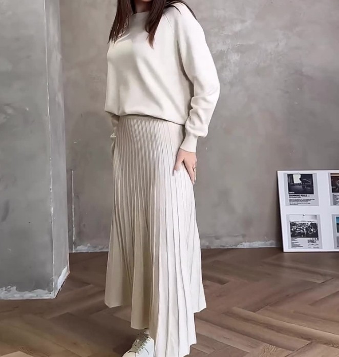 Two Piece Set Women Outfit Spring Solid Color Round Neck Long Sleeved Pullover Top & Casual High Waist Pleated Long Skirt Set