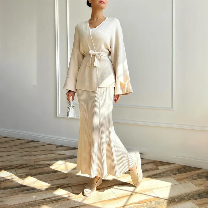 Women Knitting Skirt 2 Piece Set Sweater Coat Suit Lace Up Morocco Dubai Casual Muslim Ensemble Knitwear Long Skirts Outfits