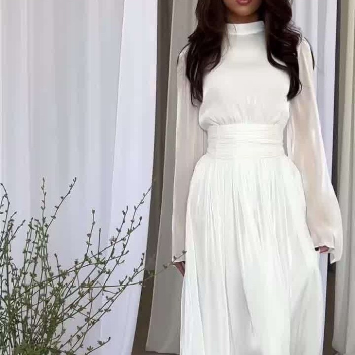 Autumn Light Luxury Ladies Party Gown Fashion O-Neck Cinched Waist Pleated Long Dresses French Casual Solid Color Banquet Dress