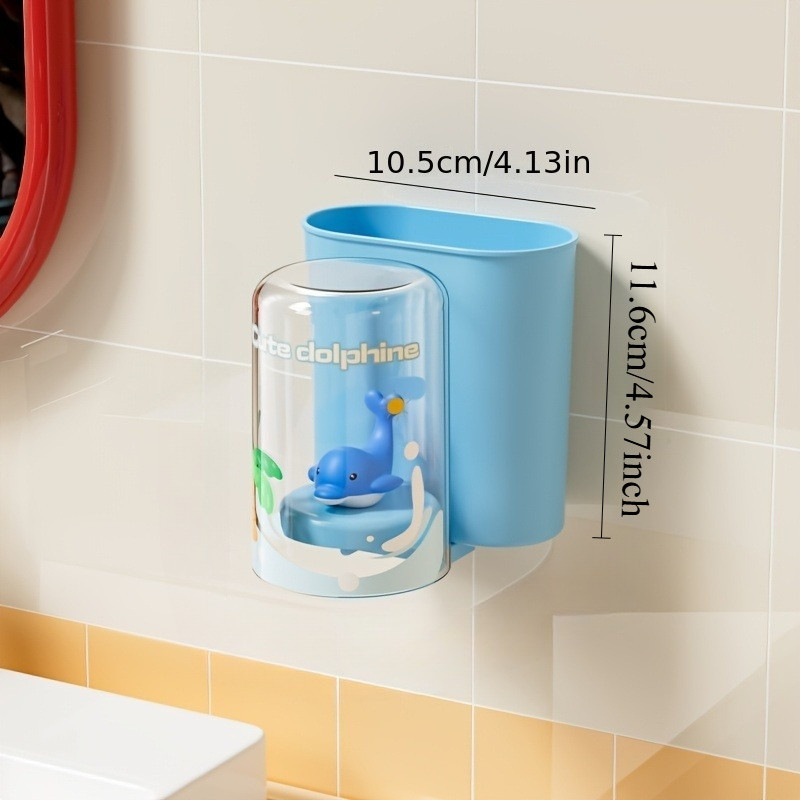 Cartoon Dolphin and Bear Wall-Mounted Toothbrush Holder with Rinsing Cup - Durable PP Plastic, Multifunctional Bathroom Organizer for Paste & Brushes, 4 Seasons Cute Decor
