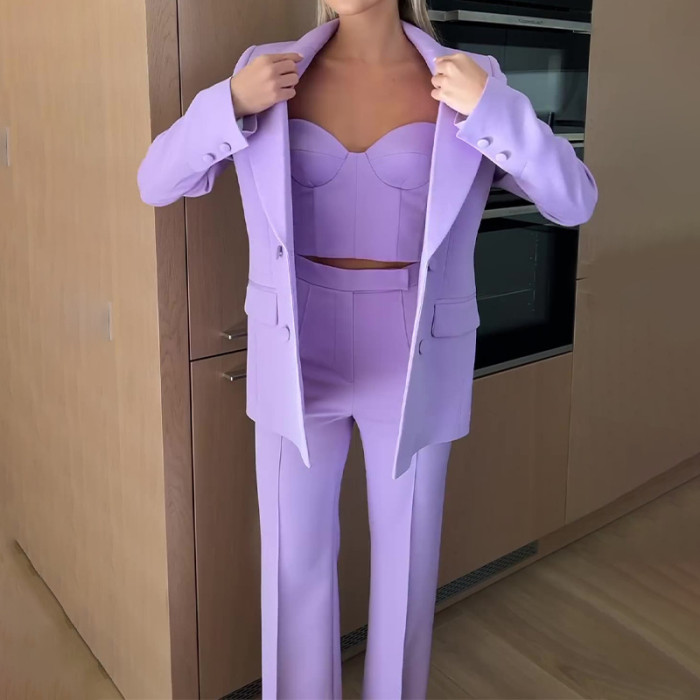 Autumn New Women Three-piece Set Strapless Tank Top Double Breasted Blazer Suit Pants Office Lady Elegant Tide Chic