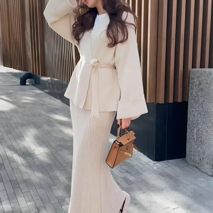 Women Knitting Skirt 2 Piece Set Sweater Coat Suit Lace Up Morocco Dubai Casual Muslim Ensemble Knitwear Long Skirts Outfits