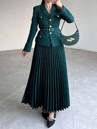 Spring Suit Coat Full Sleeve Blazer Maxi Pleated Skirt Belt Black Solid Color Two-piece Set Long Dresses Women's Two Piece Dress