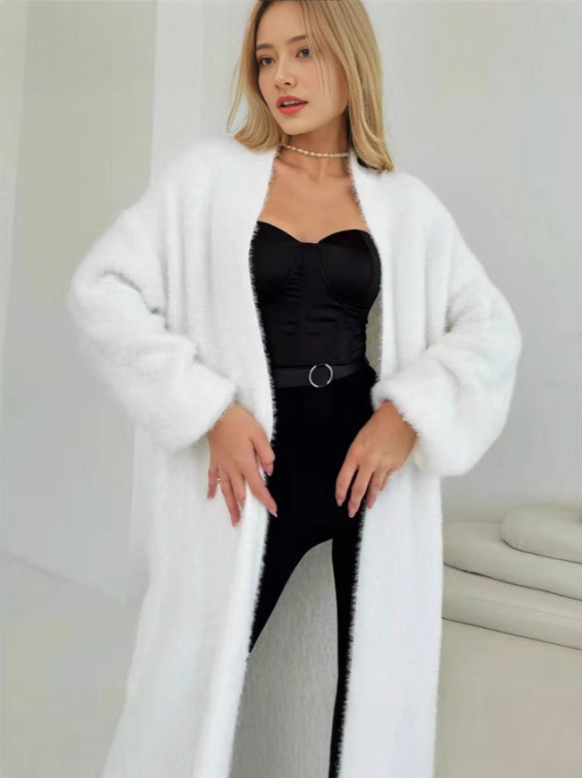 Trendy Simple Lady Long Knitted Coat Leisure V-neck Long Sleeve Fur Cardigans Fall Winter New Lady Solid Color Commute Outerwear