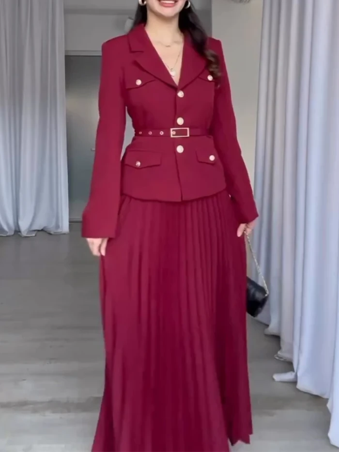 Spring Suit Coat Full Sleeve Blazer Maxi Pleated Skirt Belt Black Solid Color Two-piece Set Long Dresses Women's Two Piece Dress