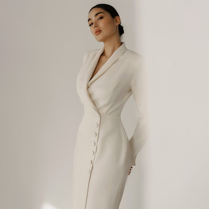 Minimalist Office Dress for Women Notched Colalr Long Sleeve High Waist Slimming Split Design Solid Dresses Female