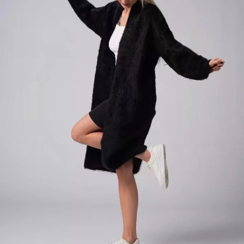 Trendy Simple Lady Long Knitted Coat Leisure V-neck Long Sleeve Fur Cardigans Fall Winter New Lady Solid Color Commute Outerwear