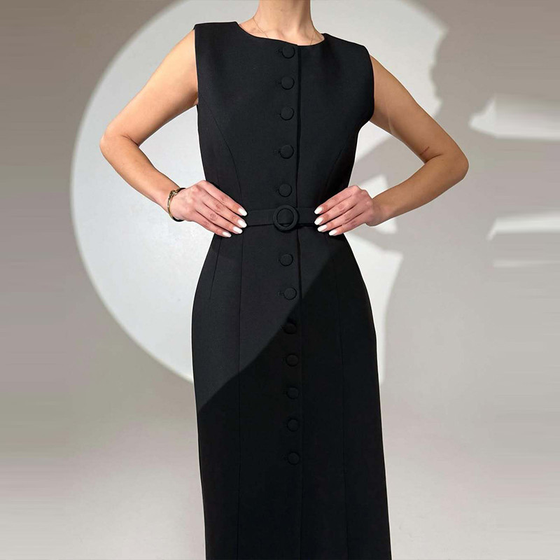 Simple Solid Color Sleeveless Long Dress Elegant Temperament Slim Women's A-line Dress Summer Casual O Neck Button Office Dress