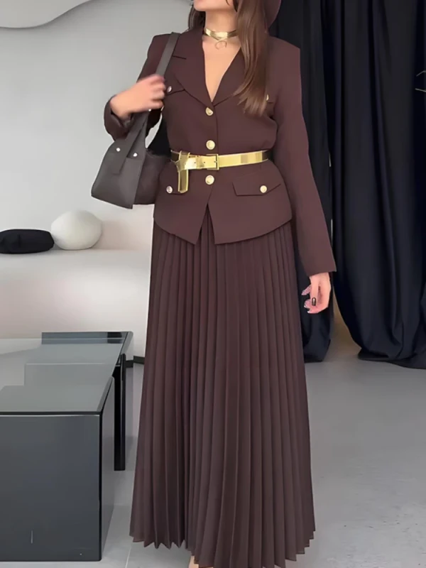 Spring Suit Coat Full Sleeve Blazer Maxi Pleated Skirt Belt Black Solid Color Two-piece Set Long Dresses Women's Two Piece Dress
