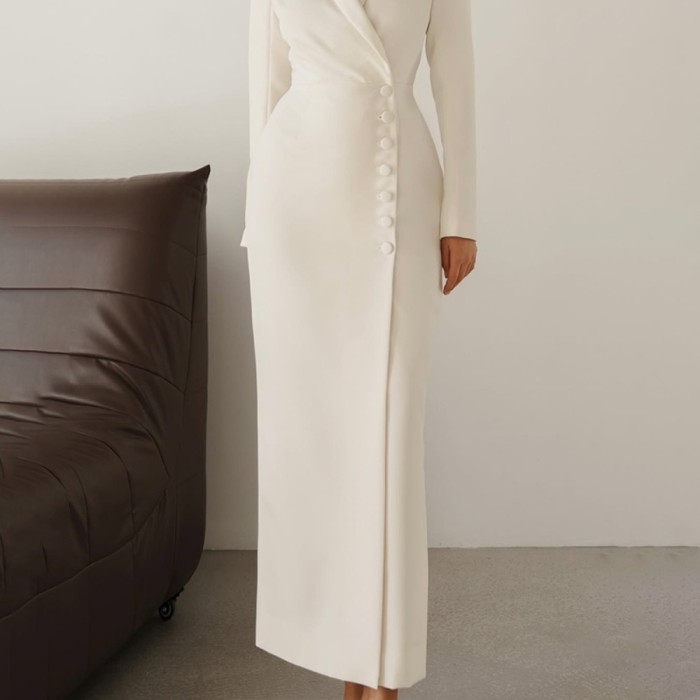 Minimalist Office Dress for Women Notched Colalr Long Sleeve High Waist Slimming Split Design Solid Dresses Female