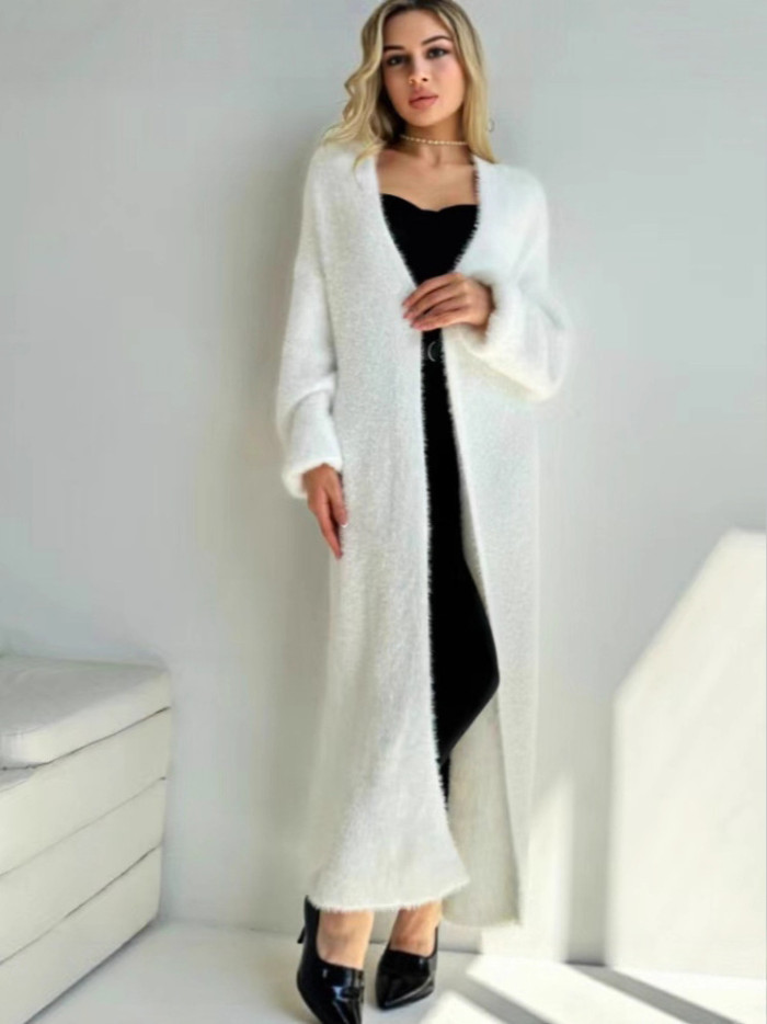 Trendy Simple Lady Long Knitted Coat Leisure V-neck Long Sleeve Fur Cardigans Fall Winter New Lady Solid Color Commute Outerwear