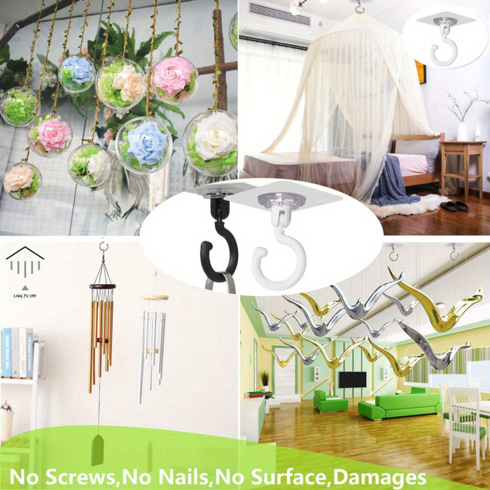 Rotating Ceiling Heavy-Duty Adhesive Hooks - Durable Sticky Hangers for Wind Chimes, Suspended Plants, Lights and Home Decorations, Multi-Purpose No-Drill Mounting with Multiple Angle Rotation. Strong Detachable Wall-Hanging Suitable for Indoor & Outdoor Use Hold Up to Two Kilograms, Practical Holiday 24pcs, Adhesive Ceiling Hooks, Home Decoration Display, Ceiling Hanging Solution, Rotating Wall Hook, Detachable Adhesive Hanger, Functional Aesthetic, Minimalist Hardware,
