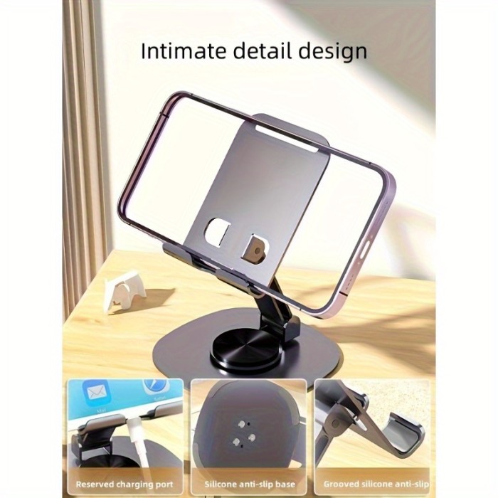 Metal Phone Stand - Waterproof, 360° Rotating Desktop Holder with 2-Section Adjustable Folding Design, Suitable for Office and Bedside Use. Suitable for All Seasons, Phone Stand, Desktop Phone Holder, Desktop Stand, Aluminum Laptop Base, Mobile Stand Holder, Tablet Holder, Tablet Stand, Handy Stand, Desk Accessory