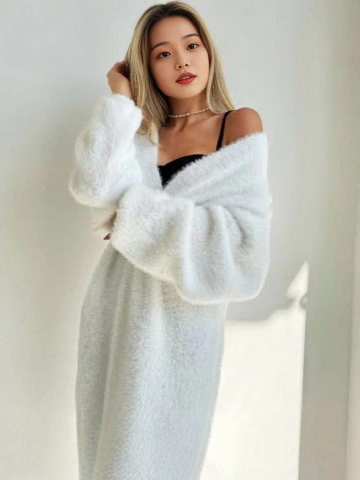 Trendy Simple Lady Long Knitted Coat Leisure V-neck Long Sleeve Fur Cardigans Fall Winter New Lady Solid Color Commute Outerwear