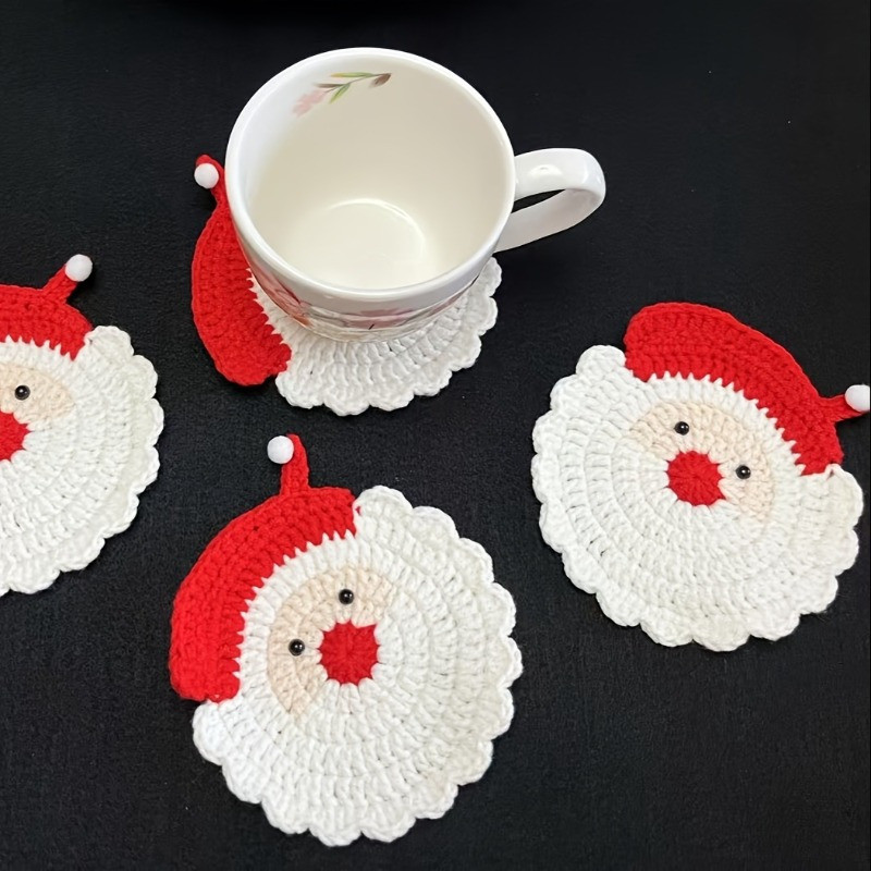 Handmade Crochet Santa Claus Coasters - Festive Red and White Decor, Durable Fabric Drink Tray, Holiday Table Setting, Unique Christmas Gift, Seasonal Tableware, Full of Love Crafted Suitable for All Four Seasons