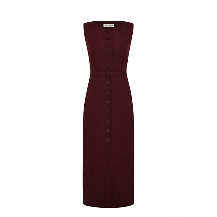 Simple Solid Color Sleeveless Long Dress Elegant Temperament Slim Women's A-line Dress Summer Casual O Neck Button Office Dress
