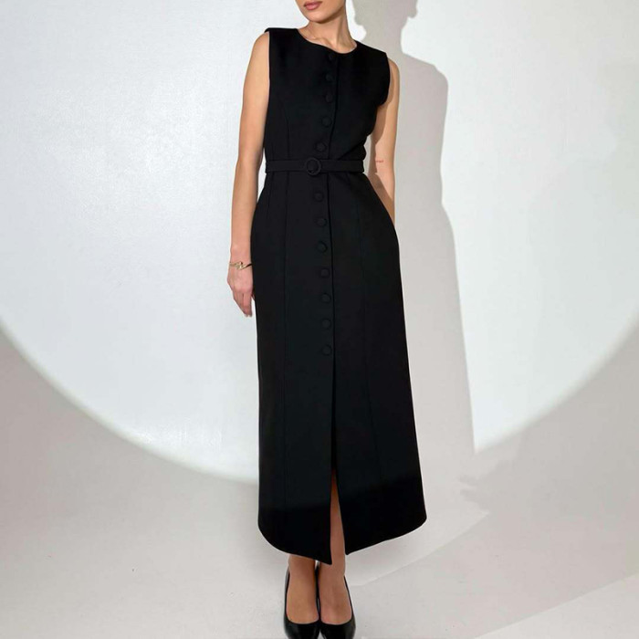 Simple Solid Color Sleeveless Long Dress Elegant Temperament Slim Women's A-line Dress Summer Casual O Neck Button Office Dress