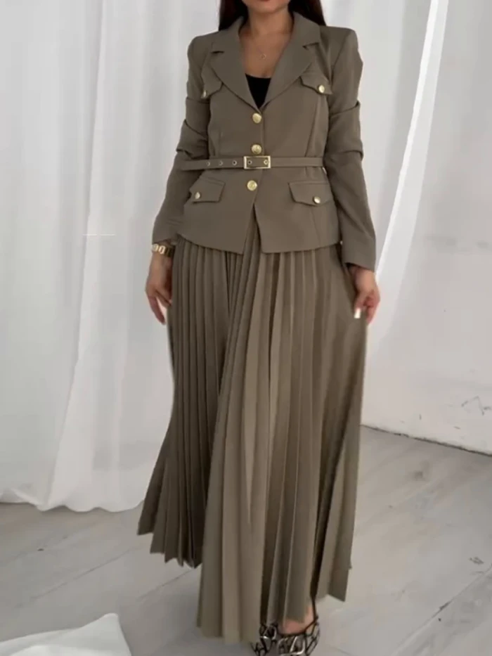 Spring Suit Coat Full Sleeve Blazer Maxi Pleated Skirt Belt Black Solid Color Two-piece Set Long Dresses Women's Two Piece Dress