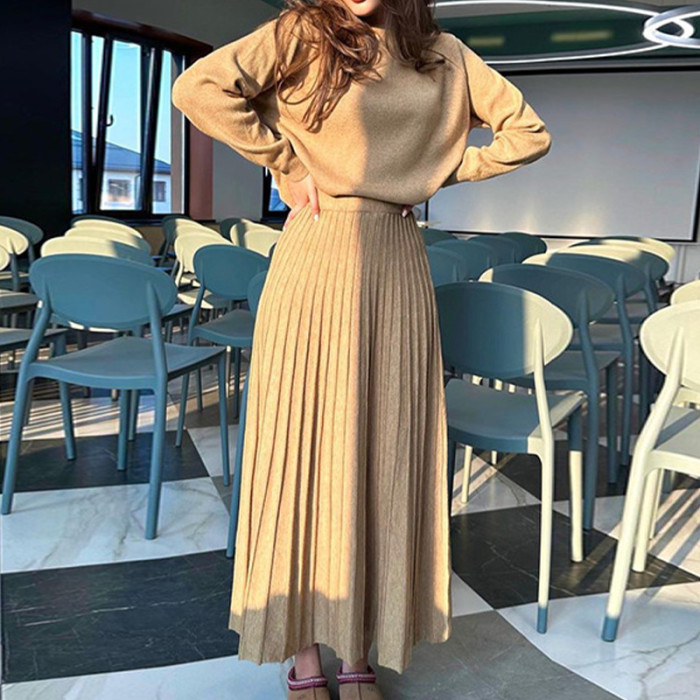 Two Piece Set Women Outfit Spring Solid Color Round Neck Long Sleeved Pullover Top & Casual High Waist Pleated Long Skirt Set