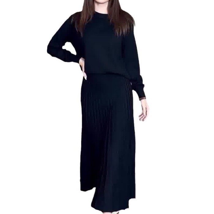 Two Piece Set Women Outfit Spring Solid Color Round Neck Long Sleeved Pullover Top & Casual High Waist Pleated Long Skirt Set