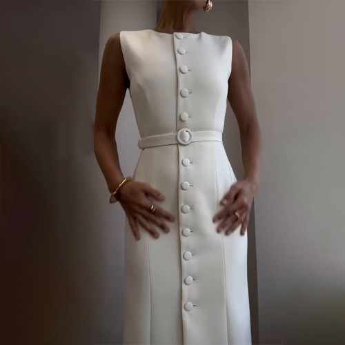 Simple Solid Color Sleeveless Long Dress Elegant Temperament Slim Women's A-line Dress Summer Casual O Neck Button Office Dress