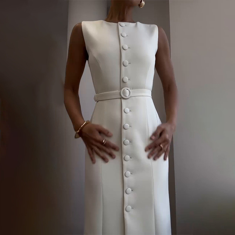 Simple Solid Color Sleeveless Long Dress Elegant Temperament Slim Women's A-line Dress Summer Casual O Neck Button Office Dress