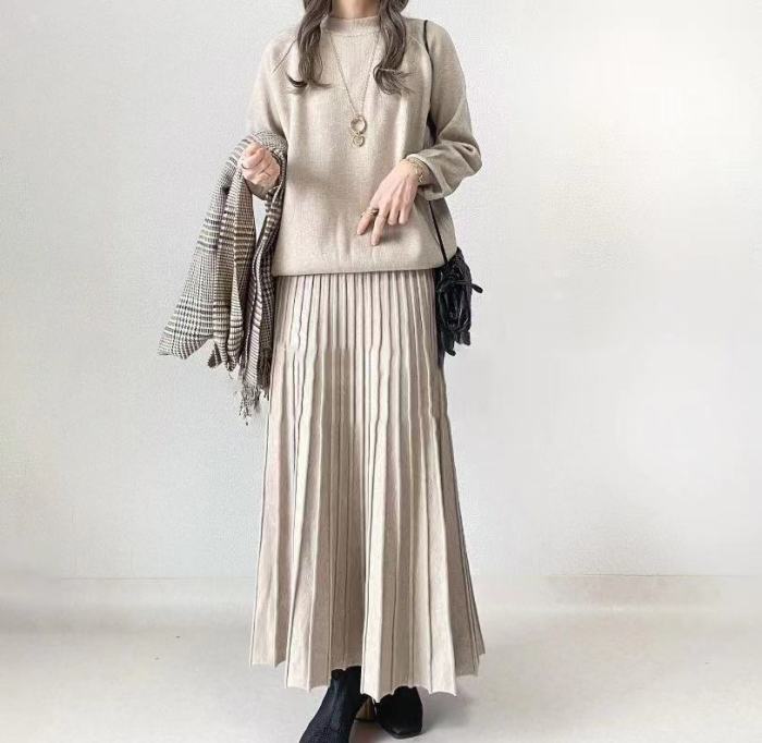 Two Piece Set Women Outfit Spring Solid Color Round Neck Long Sleeved Pullover Top & Casual High Waist Pleated Long Skirt Set
