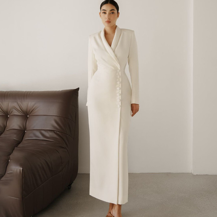 Minimalist Office Dress for Women Notched Colalr Long Sleeve High Waist Slimming Split Design Solid Dresses Female