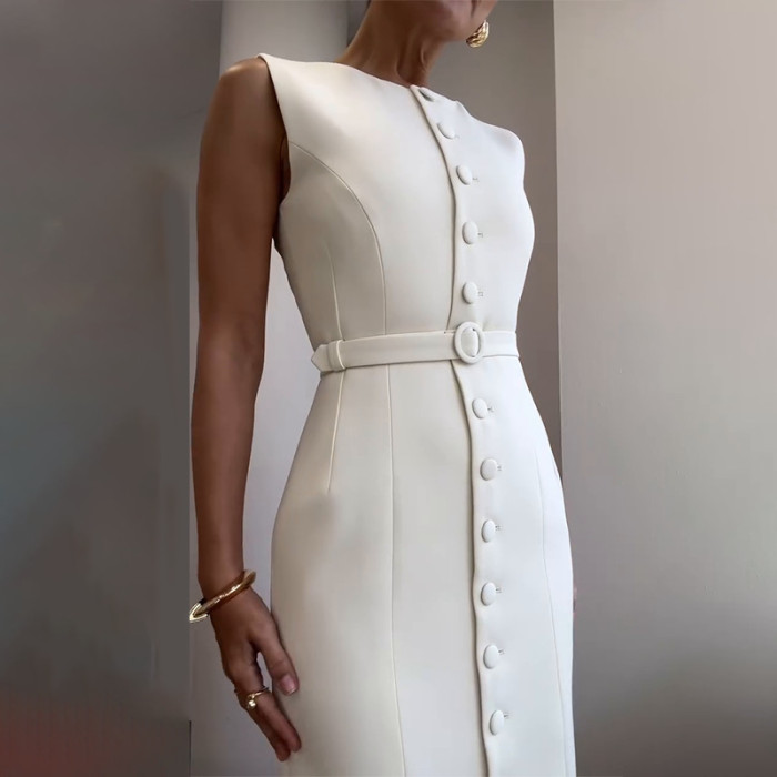 Simple Solid Color Sleeveless Long Dress Elegant Temperament Slim Women's A-line Dress Summer Casual O Neck Button Office Dress