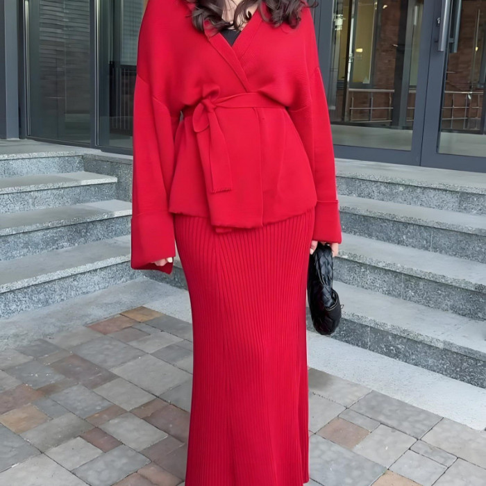 Women Knitting Skirt 2 Piece Set Sweater Coat Suit Lace Up Morocco Dubai Casual Muslim Ensemble Knitwear Long Skirts Outfits