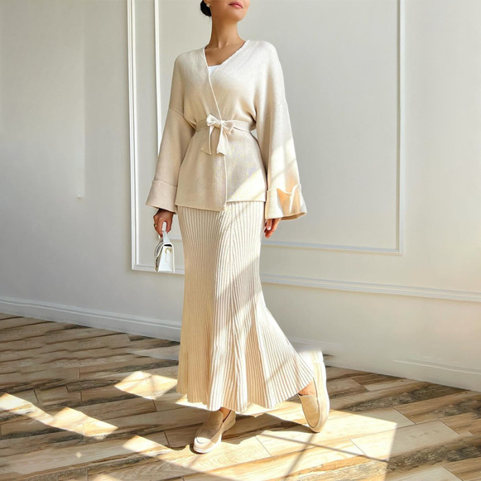 Women Knitting Skirt 2 Piece Set Sweater Coat Suit Lace Up Morocco Dubai Casual Muslim Ensemble Knitwear Long Skirts Outfits