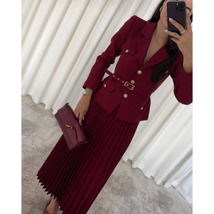 Spring Suit Coat Full Sleeve Blazer Maxi Pleated Skirt Belt Black Solid Color Two-piece Set Long Dresses Women's Two Piece Dress
