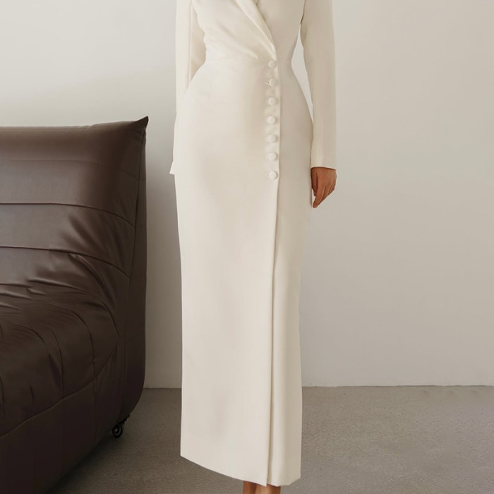 Minimalist Office Dress for Women Notched Colalr Long Sleeve High Waist Slimming Split Design Solid Dresses Female