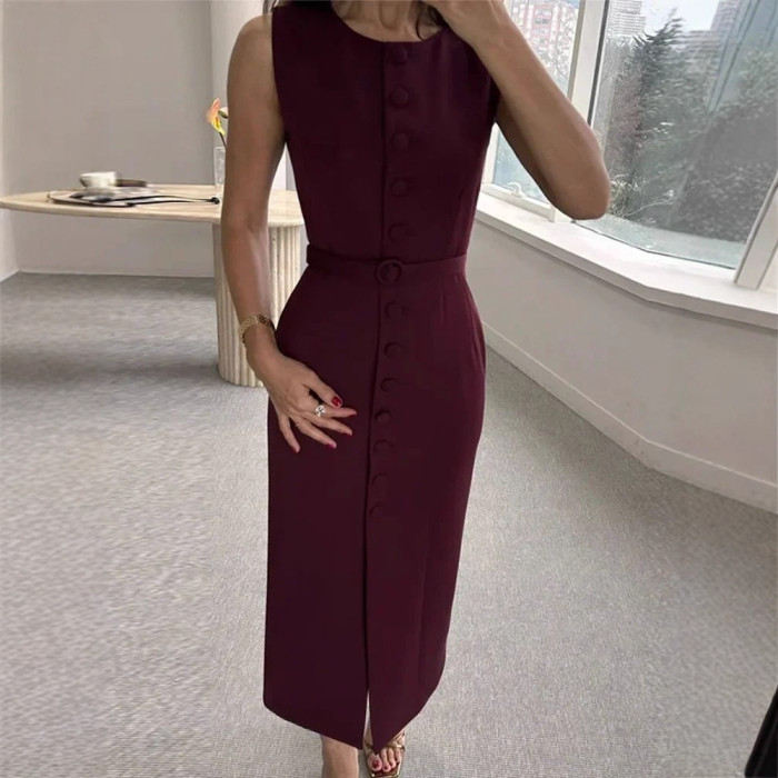 Simple Solid Color Sleeveless Long Dress Elegant Temperament Slim Women's A-line Dress Summer Casual O Neck Button Office Dress