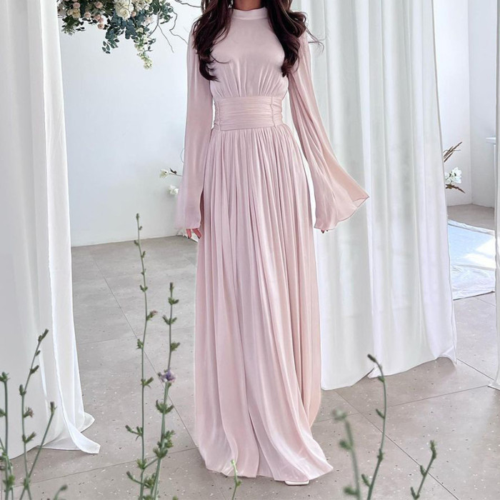 Autumn Light Luxury Ladies Party Gown Fashion O-Neck Cinched Waist Pleated Long Dresses French Casual Solid Color Banquet Dress