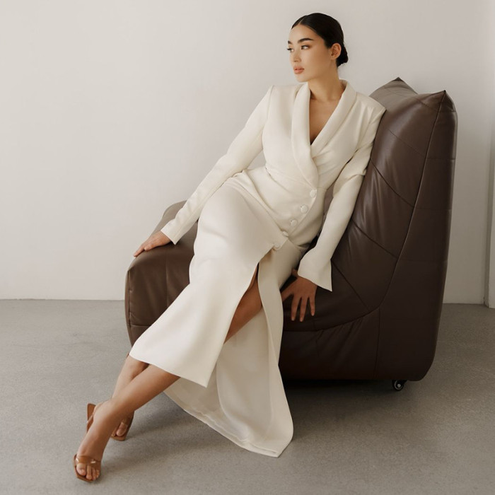 Minimalist Office Dress for Women Notched Colalr Long Sleeve High Waist Slimming Split Design Solid Dresses Female