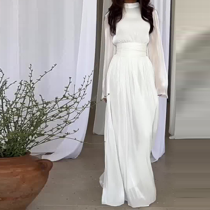 Autumn Light Luxury Ladies Party Gown Fashion O-Neck Cinched Waist Pleated Long Dresses French Casual Solid Color Banquet Dress