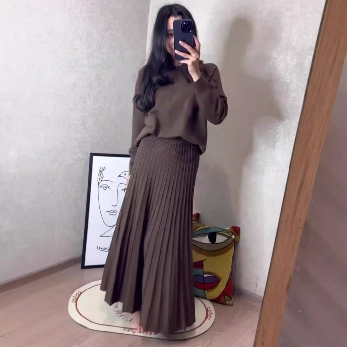 Two Piece Set Women Outfit Spring Solid Color Round Neck Long Sleeved Pullover Top & Casual High Waist Pleated Long Skirt Set